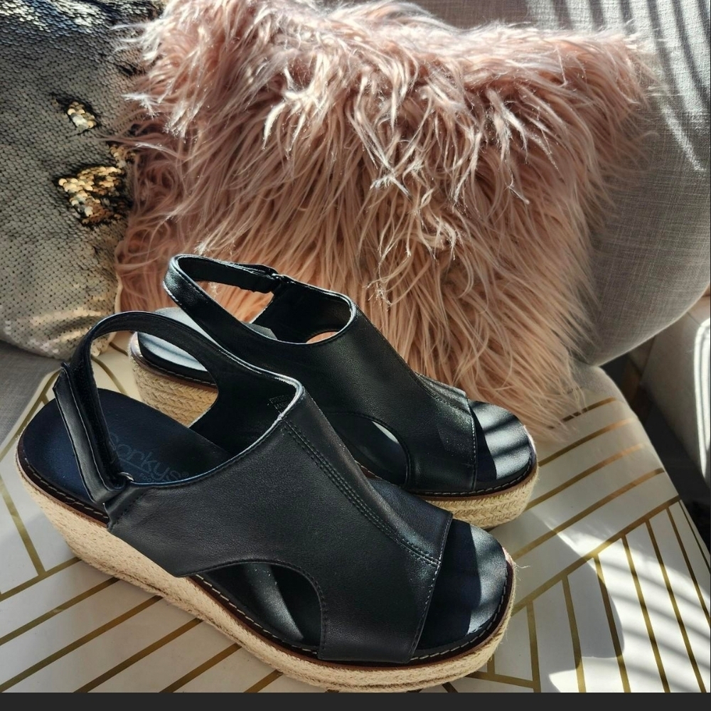 Black Leather Wedge Espadrilles Sandals Corkys